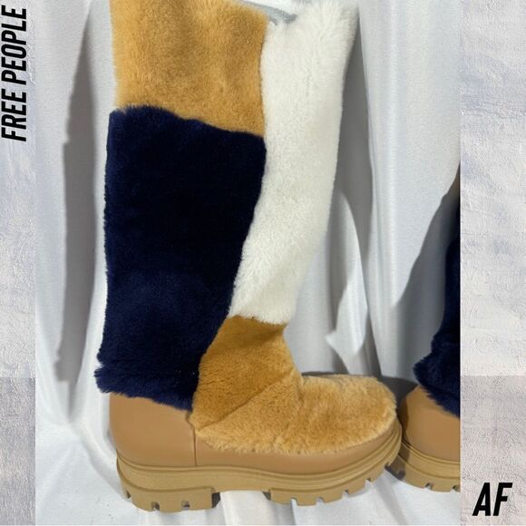 FREE PEOPLE HAPPY THOUGHTS FUR BOOTS IN CAMEL NAVY AND WHITE 37.5 EU - Picture 7 of 11